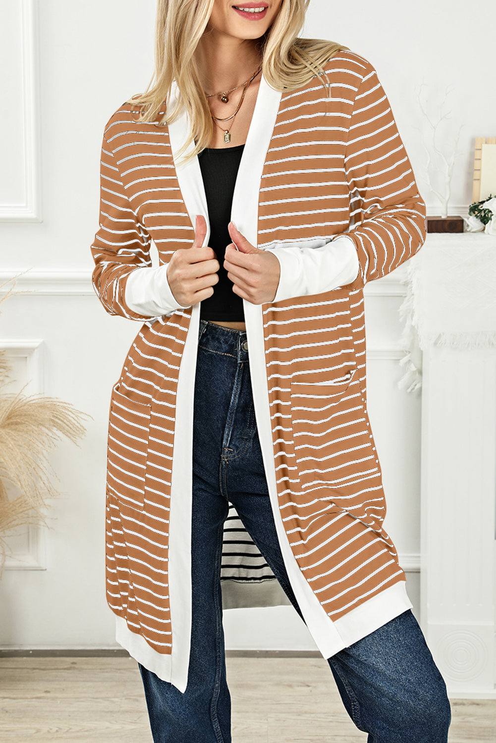 White Extended Long Sleeve Plus Size Striped Cardigan