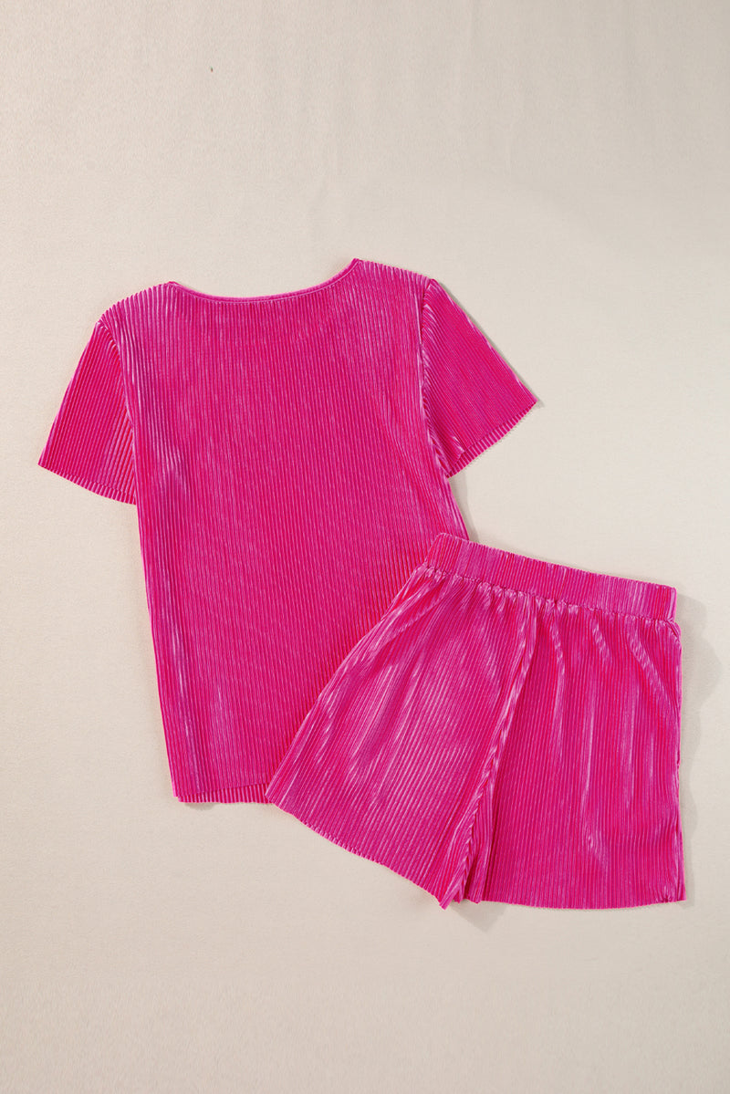 Bright Pink Casual Pleated Short Two-piece Set