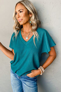 Black Crinkled V Neck Wide Sleeve T-shirt