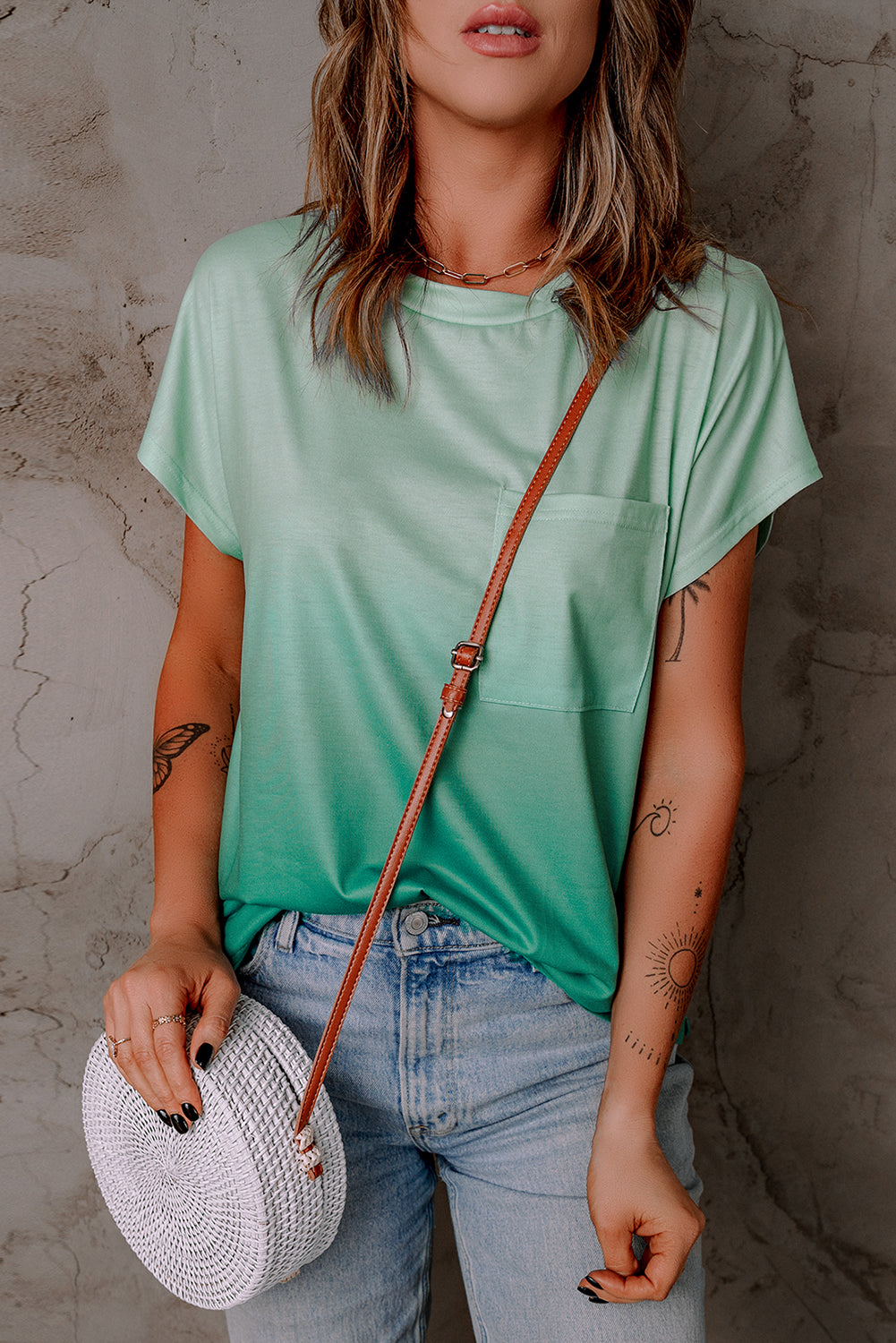 Green Gradient Color Short Sleeve T-Shirt with Pocket