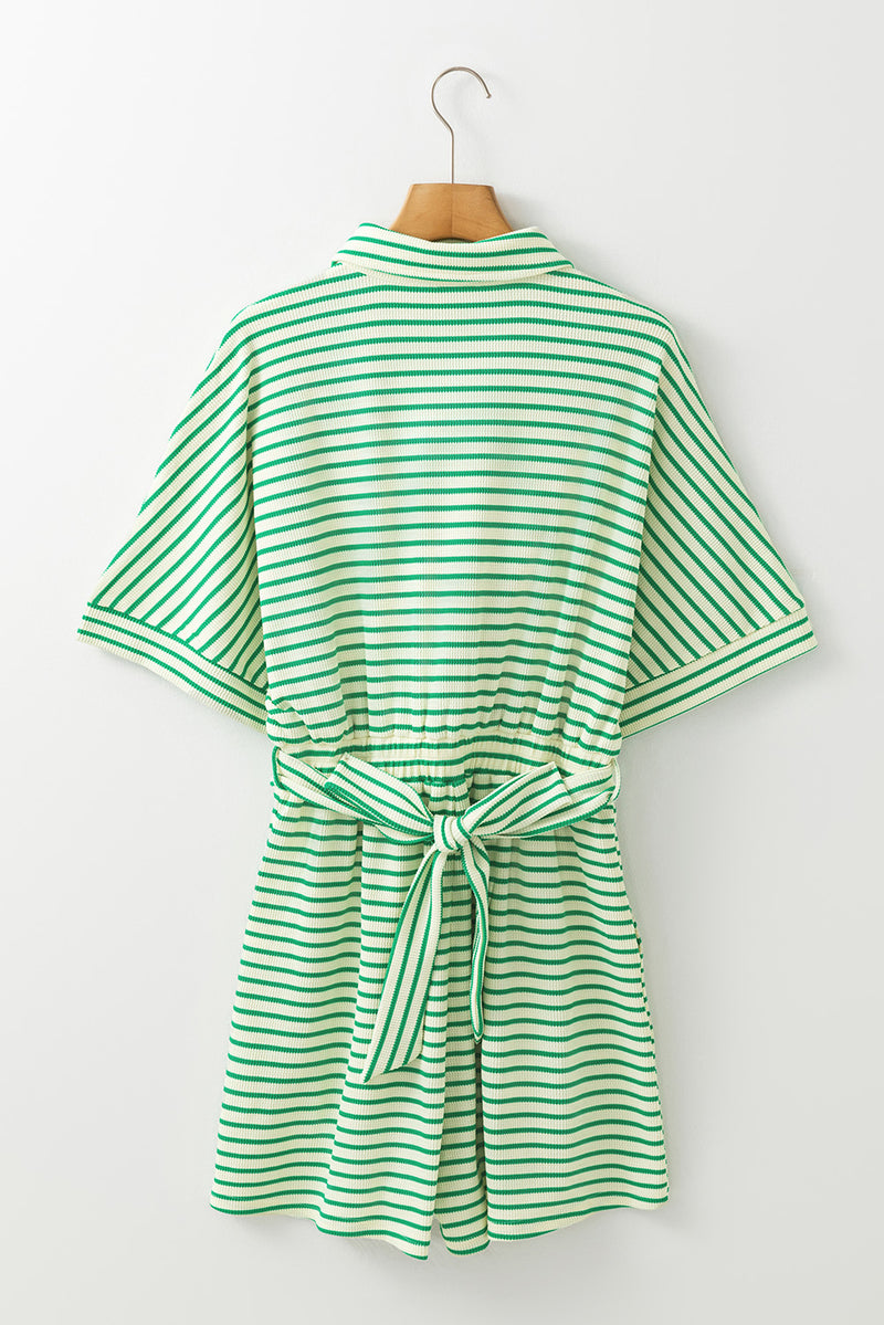 Green Stripe Textured Short Sleeve Collared Buttoned Waist Tie Romper