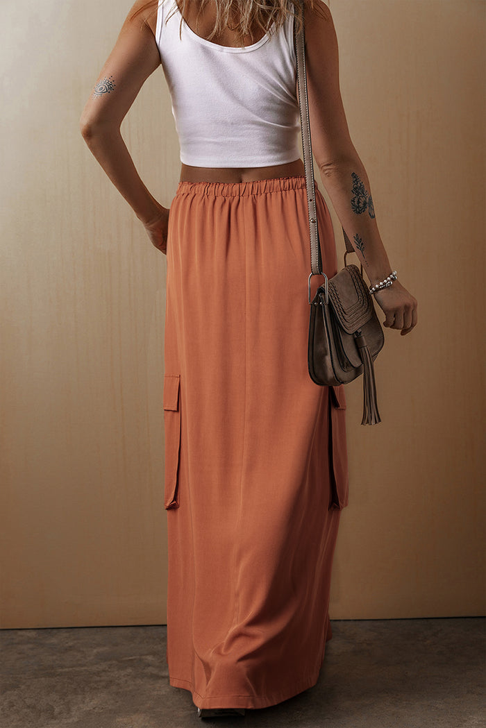 Chestnut Mineral Wash Cargo Pocket Drawstring Waist Maxi Skirt