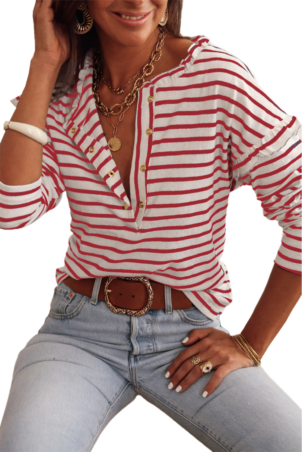 Red Striped Print Ruffled Buttoned Long Sleeve Top