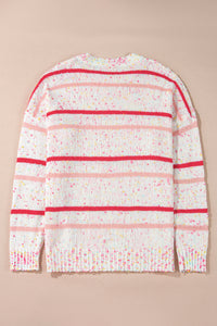 Pink Stripe Drop Shoulder Side Split Plus Size Sweater