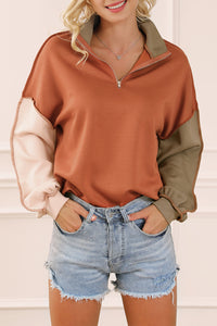 Gold Flame Plus Size Colorblock Exposed Seam Quarter Zip Sweatshirt