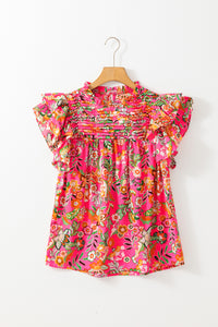 Rose Floral Print Pleated Ruffled Sleeve Summer Blouse