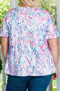 Purple Vibrant Botanical Print Frill Short Sleeve Plus Size Top