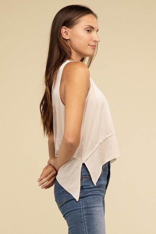 Shark Bite Side Slit Short Sleeveless Top