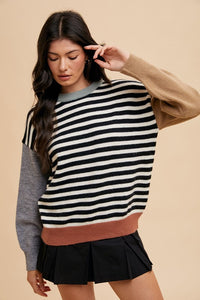 Annie Wear Striped Color Block Round Neck Sweater