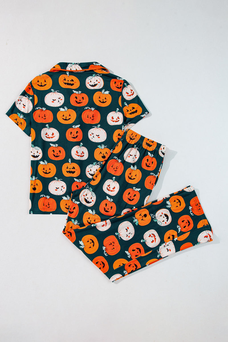 Orange Halloween Pattern Short Sleeve Shirt Pajama Set