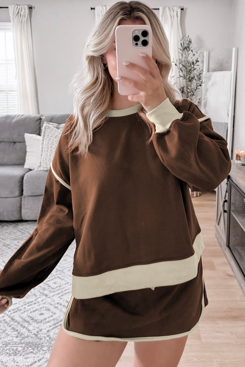 Coffee Color Contrast Loose Pullover and Lace-up Waist Skort Set