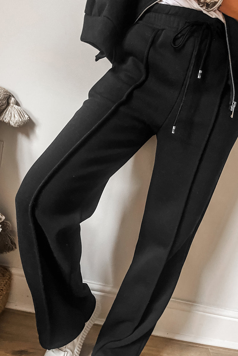 Black Solid Seamed Zipper Jacket and Drawstring Waist Pants Set