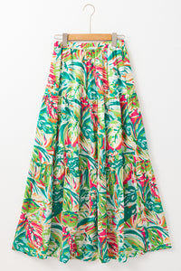 Green Abstract Printed High Waist Tiered Maxi Skirt