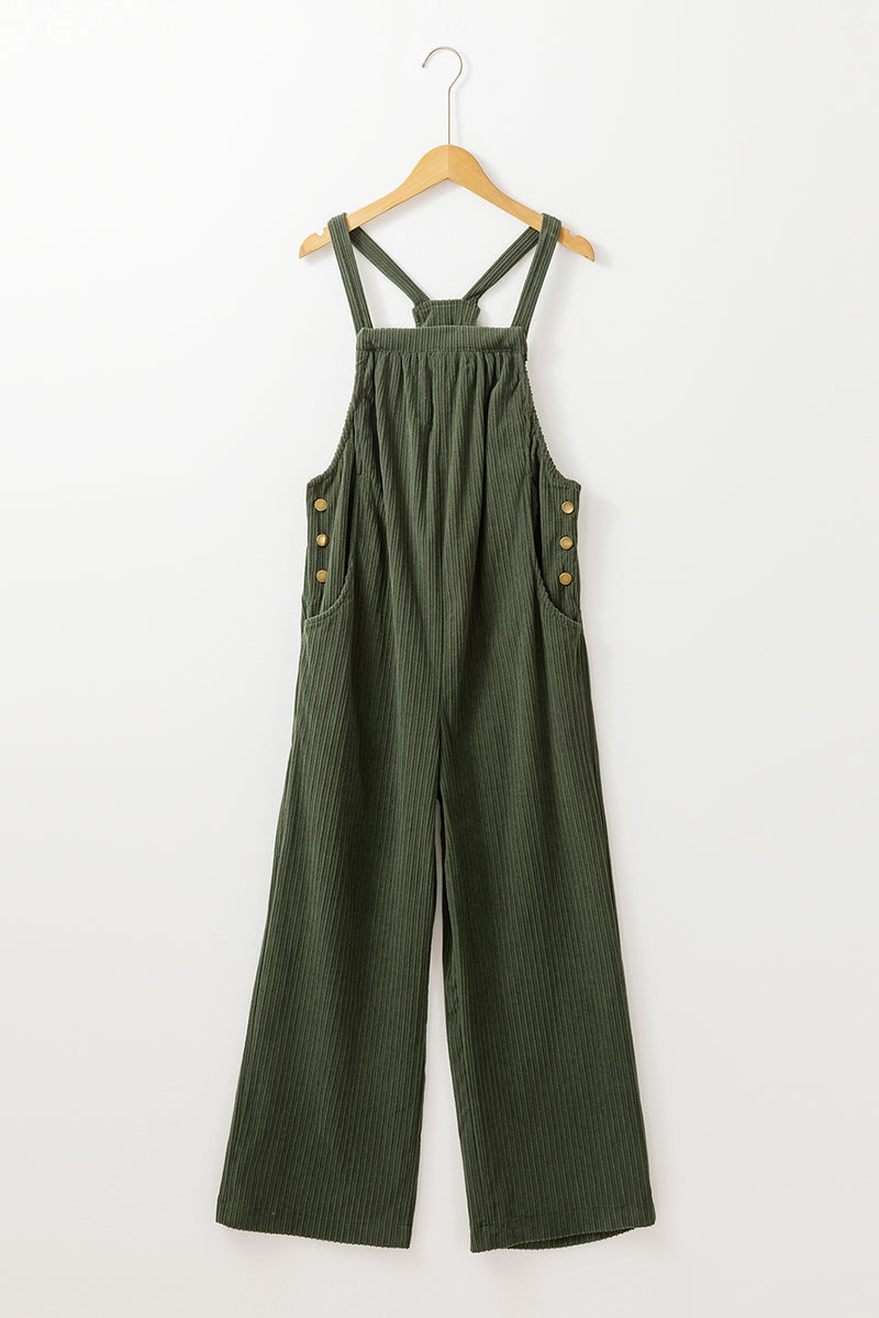 Jungle Green Solid Pocketed Loose Fit Corduroy Overall