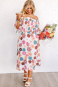 White Plus Size Flower Print Smocked Off Shoulder Dress