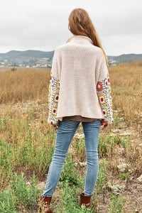 Crochet Floral Printed Long Sleeve Knit Cardigan