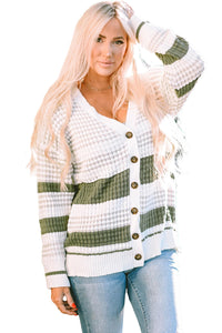 White Plus Size Color Block Cable Knit Buttoned Cardigan