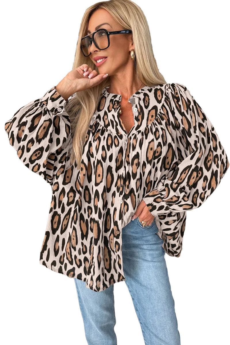 Jet Stream Oversized Leopard Print Balloon Sleeve Casual Shirt