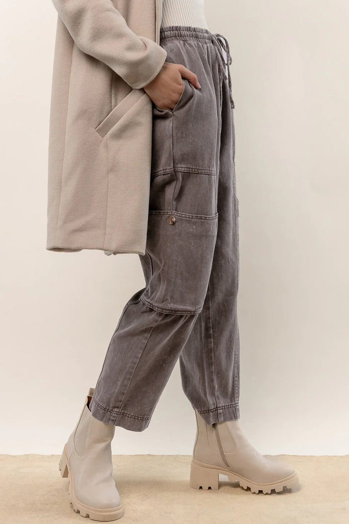 Gray Acid Wash Multi Pocket Drawstring Waist Pants