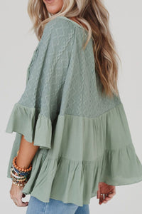 Ruffled Tie Neck Three-Quarter Sleeve Blouse