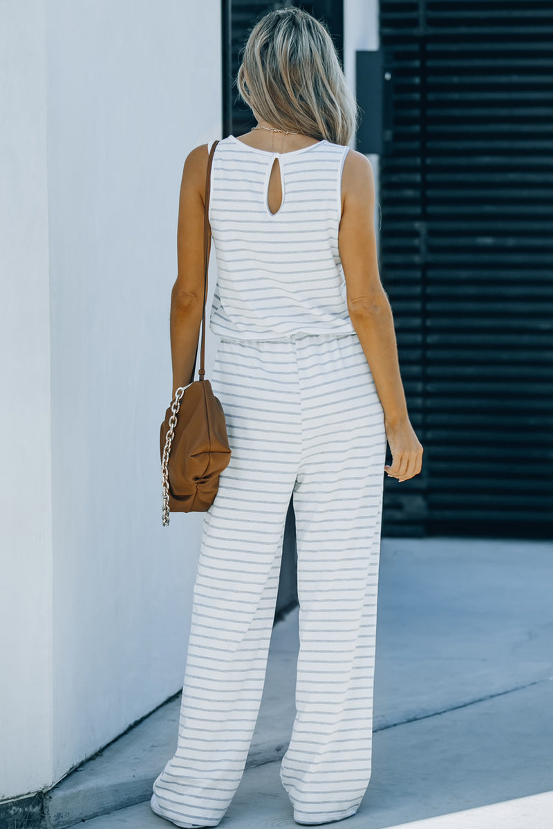 White Striped Print Pocketed Sleeveless Jumpsuit