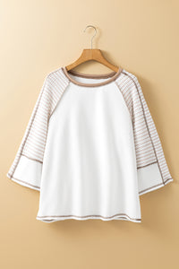 White Striped Bracelet Sleeve Raglan Patchwork Top