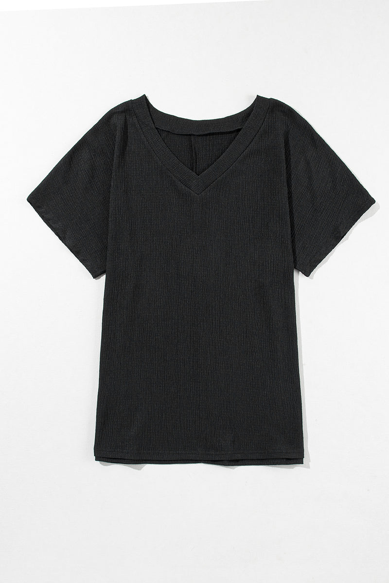 Black Crinkled V Neck Wide Sleeve T-shirt