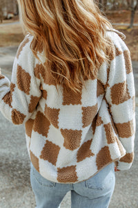 Brown Checked Snap Button Sherpa Jacket