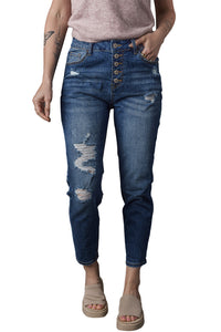 Blue Distressed Button Fly High Waist Skinny Jeans