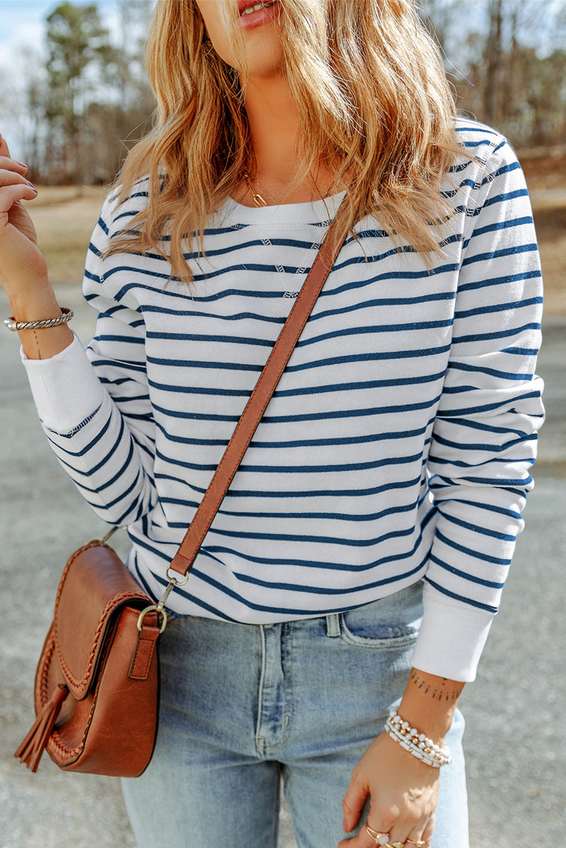 Striped Print Ribbed Trim Long Sleeve Top