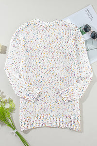 White Multicolor Dotted Rib Knit Long Sleeve Cardigan