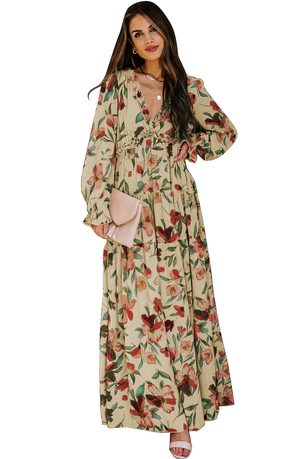 Violet V Neck Floral Print Empire Waist Maxi Dress