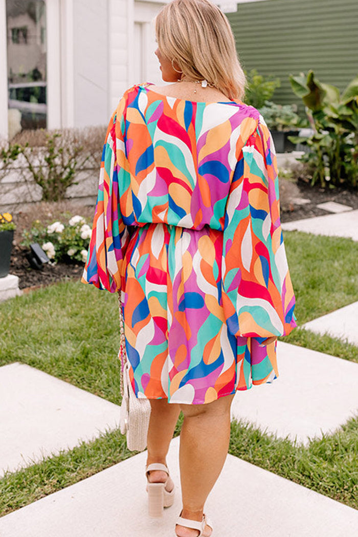 Multicolor Plus Size Abstract Print Oversized Sleeve Belted Dress