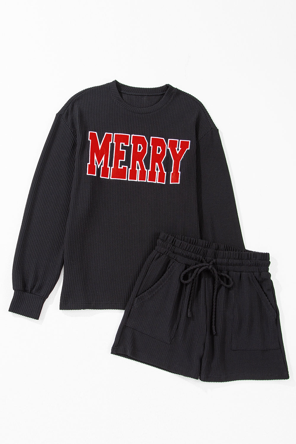 Black Corded MERRY Graphic Long Sleeve Top and Shorts Set