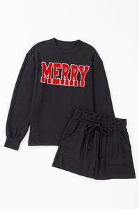 Black Corded MERRY Graphic Long Sleeve Top and Shorts Set