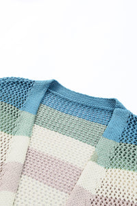 Blue Striped Color Block Hollowed Knit Cardigan