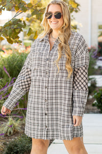 White Stripe Plus Size Plaid Buttoned Raw Hem Tunic Shirt Dress