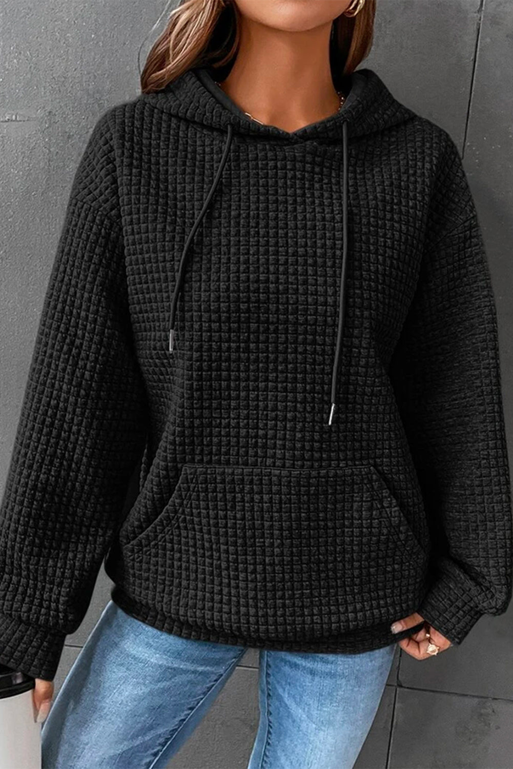 Gray Lattice Textured Kangaroo Pocket Drawstring Hoodie