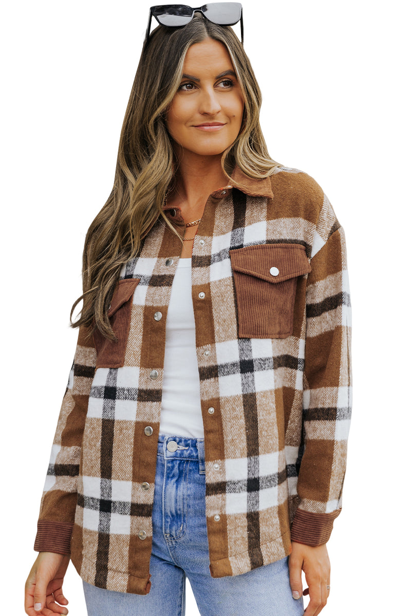 Brown Pocketed Buttoned Plaid Shirt Jacket