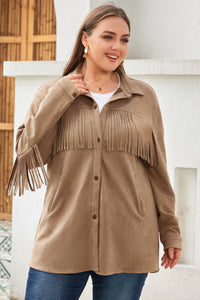 White Fringe Trim Plus Size Suede Shacket