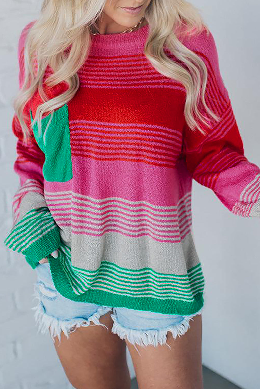 Rose Striped Knit Patch Pocket Drop Shoulder Sweater