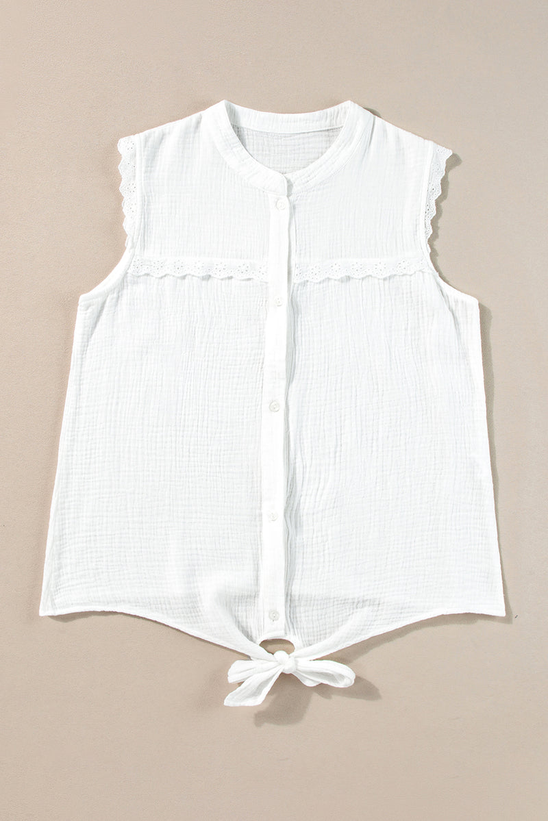 White Lace Trim Crinkle Knot Hem Sleeveless Shirt