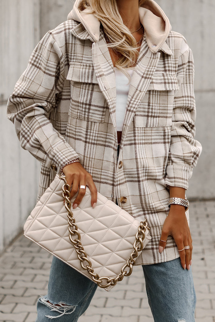 Khaki Plaid Removable Hood Buttoned Shacket