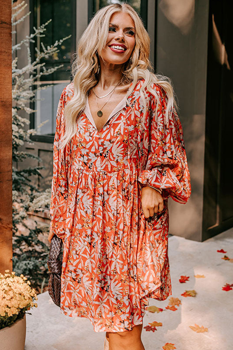 Orange Floral Print Split V Neck Bubble Sleeve Plus Size Midi Dress