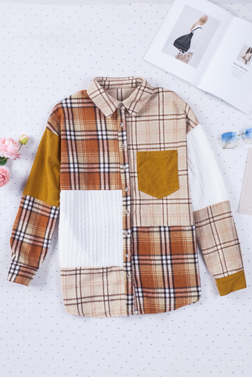 Gold Brick Plus Size Plaid Patchwork Button up Shacket