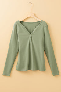 Laurel Green Long Sleeve Buttons V Neck Slim Fit Top