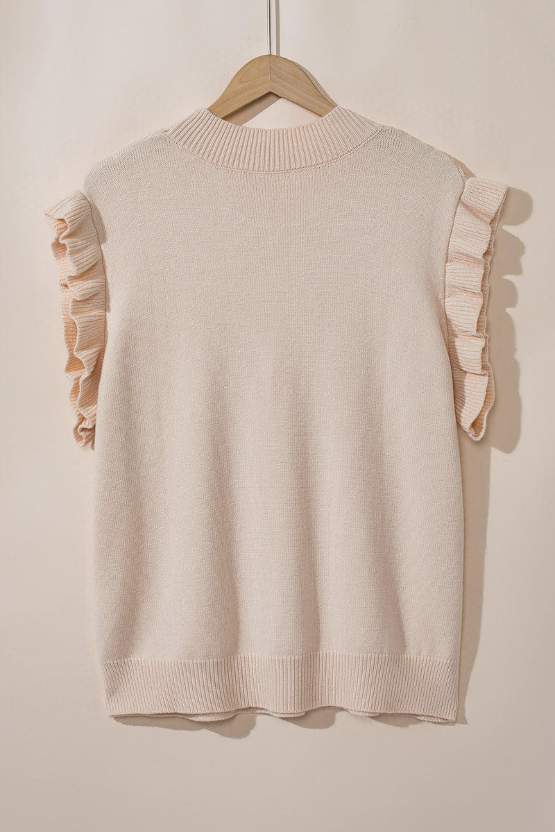 Oatmeal Plus Cable Knit Short Ruffled Sleeve Mock Neck Sweater