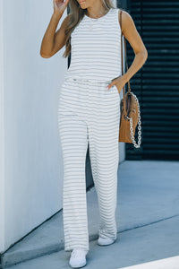 White Striped Print Pocketed Sleeveless Jumpsuit