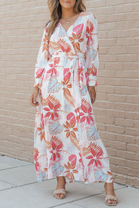 Multicolor Tropical Palm Print Tie High Waist Plus Size Maxi Dress