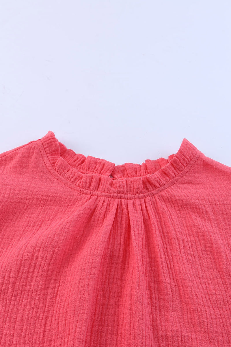 Pink Textured Flutter Sleeve Frilled Neck Plus Size Blouse